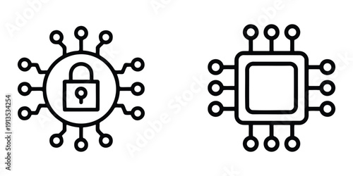 Cyber security and processor icons on white background