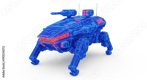 Futuristic blue robotic spider tank with red lights and gun.
