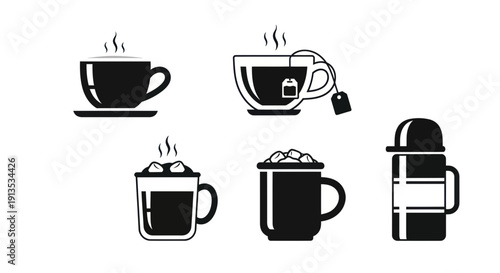 Hot Drinks Icons: Coffee, Tea, Cocoa, Thermos - Vector Set