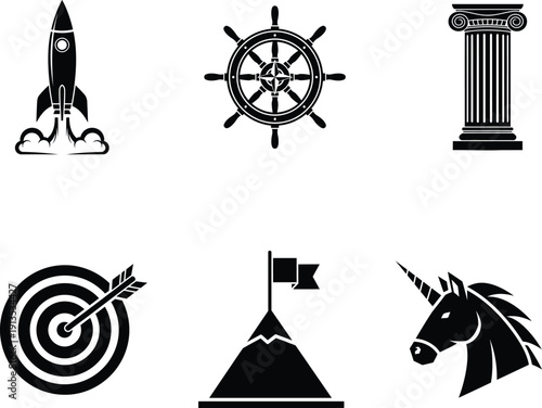 black and white icons of business and fantasy symbols
