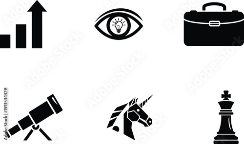 Black and white icons of business and fantasy objects on white background