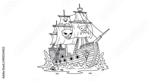 Pirate Ship Sailing Through Rough Seas, Jolly Roger Flags Flying