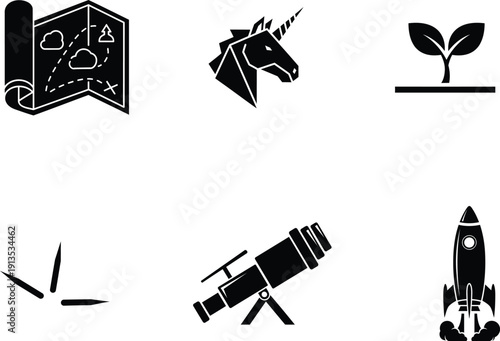 black and white icons of various objects on white background
