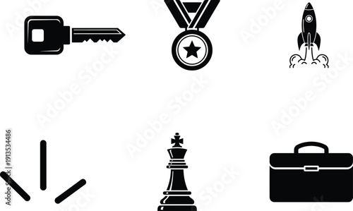 black and white icons of business and gaming objects on white background