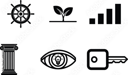 collection of business and growth related icons including ship wheel plant bar chart column eye with light bulb and key