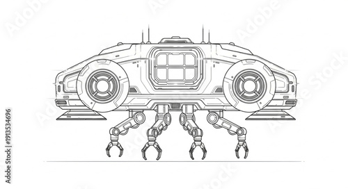 Futuristic robotic vehicle with mechanical arms and wheels.