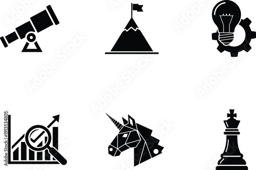 Collection of six black and white business and object icons on white background
