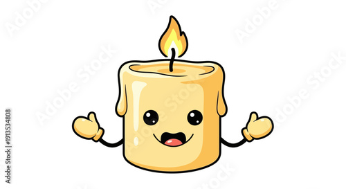 Adorable cartoon candle with a happy face and raised hands