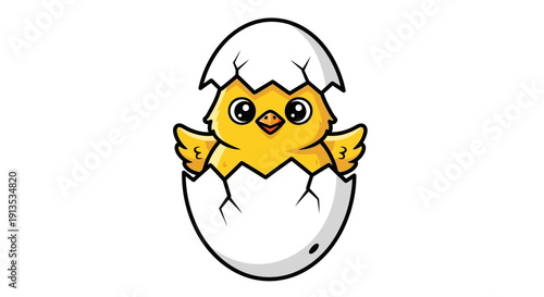 Adorable cartoon chick hatching from a cracked eggshell