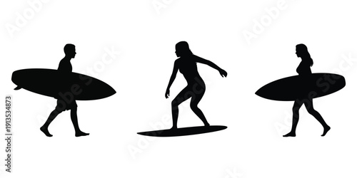 Surfer silhouettes group with people carrying boards on white canvas