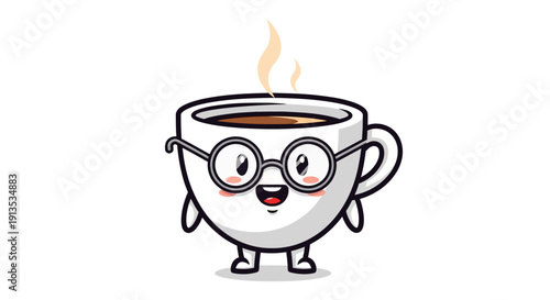 Adorable cartoon coffee cup character wearing glasses and steaming
