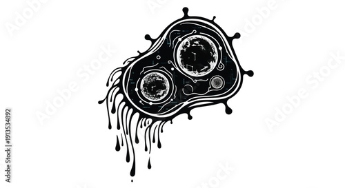 Abstract representation of a dark, amorphous virus or cell with internal circular structures and dripping liquid