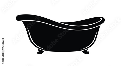 Elegant black clawfoot bathtub on a white background, symbolizing relaxation and hygiene.