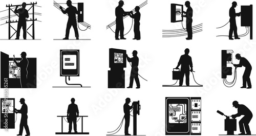 Electrical work silhouette icon set, electrician repair, power line maintenance, wiring inspection, diagnostic equipment, safety process, teamwork labor, vector illustration, black pictogram