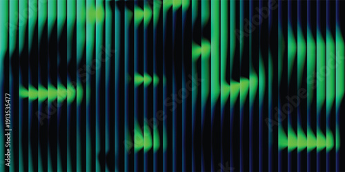 Glass green ribbed texture background with vertical fluted gradient pattern and abstract 3D lines in blue light design