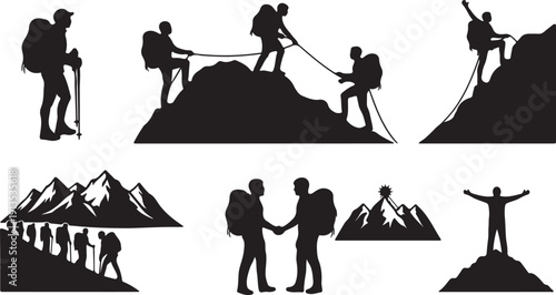 Hiking silhouettes, backpackers, trekking, outdoor adventure, mountain trail, walking, pointing, observing, celebrating, nature, travel, exploration, camping, vector, black, white, grassy terrain