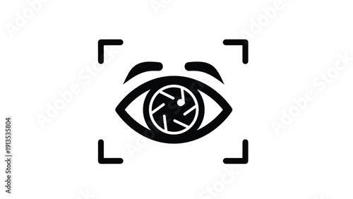 Security or photography concept icon featuring a human eye with a camera lens shutter pupil and focusing corner brackets.