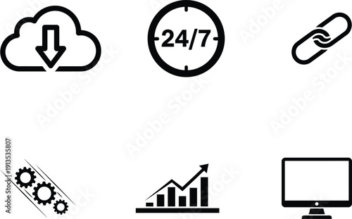 business icons set including cloud download 247 clock link gears graph monitor