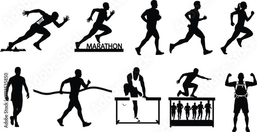 Running silhouette icon set, marathon athlete, sprinter start, hurdler jump, finish line victory, jogging motion, sport action, fitness lifestyle, vector illustration, black pictogram