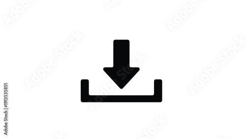 Simple black download icon featuring a bold arrow pointing downwards into an open horizontal bracket on a white background.