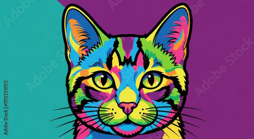 Vibrant colorful cat head with yellow eyes on purple and teal background pop art style illustration