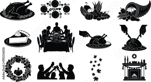 Thanksgiving silhouette icon set, roasted turkey, pumpkin pie, cornucopia harvest, family dinner, autumn wreath, seasonal leaves, holiday toast, fireplace decor, vector illustration