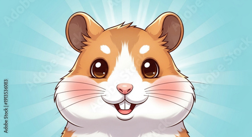 Cartoon hamster with a cheerful expression and white spots on its forehead against a radiant blue background with sunburst effect