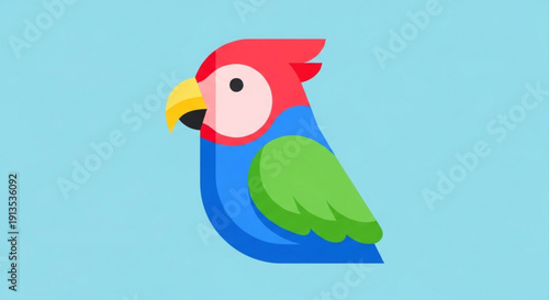 Vibrant cartoon parrot with red blue green and yellow plumage against a light blue background symbolizing tropical wildlife and colorful birds in a playful illustrative style
