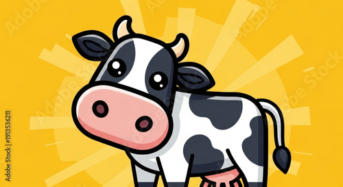 Cartoon cow with black spots on white fur standing against bright yellow background with sunburst effect cute farm animal illustration