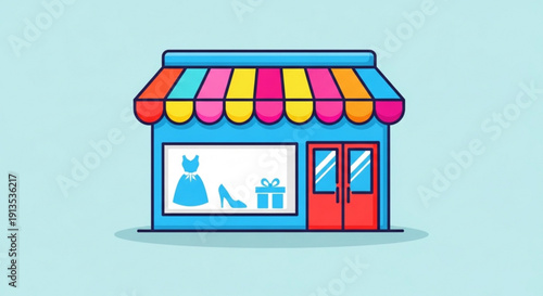 Colorful storefront with striped awning and red doors showcasing fashion items in window display on light blue background