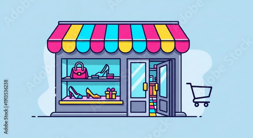 Colorful storefront with striped awning and shopping cart showcasing shoes and handbags for sale on shelves