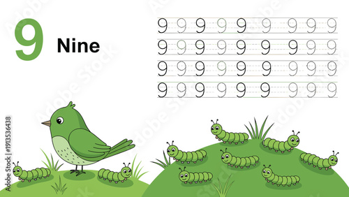 Educational number nine worksheet for children featuring a green bird and nine cute caterpillars on a grassy hill.