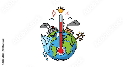 Cartoon illustration of a hot Earth with a thermometer, symbolizing climate change and environmental issues.