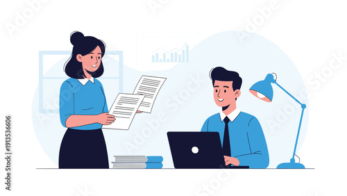 Professional business people working in an office setting with a woman holding documents and a man using a laptop computer.