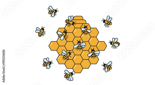 Cartoon Honeycomb with Bees Illustration, Isolated on White Background