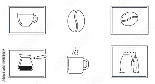 Coffee Icons Set: Cup, Bean, Cezve, Bag, Hot Drink