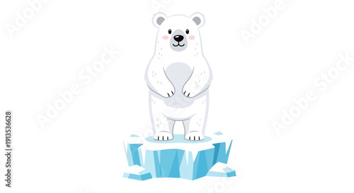 A cute cartoon polar bear with pink cheeks standing upright on a small blue iceberg.