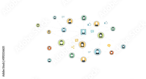 A colorful social network diagram with interconnected user profile icons and communication symbols.
