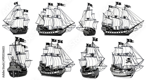 Collection of Vintage Pirate Ships with Jolly Roger Flags, Sailing Vessels