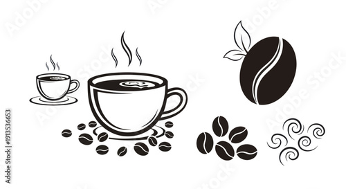 Hot Coffee Cup, Coffee Beans, Steam and Swirls - Vector Illustration
