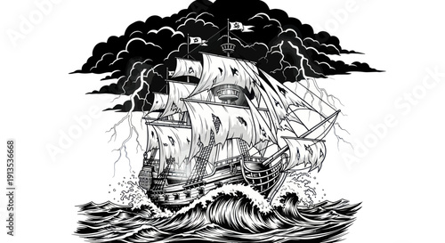 Haunted Pirate Ship Sailing Through Stormy Seas with Lightning and Dark Clouds