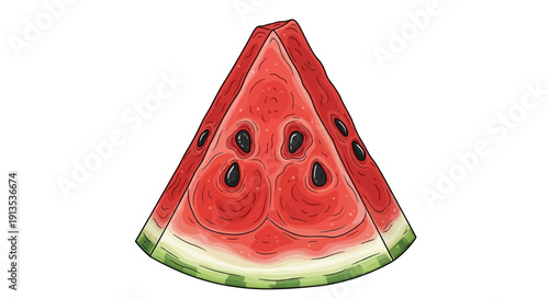 A detailed illustration of a juicy triangular watermelon slice with black seeds and a green striped rind.
