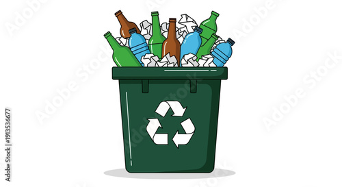 A dark green recycling bin overflowing with glass bottles, plastic bottles, and crumpled paper waste.