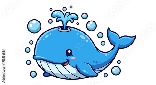 Adorable cartoon blue whale spouting water and surrounded by bubbles
