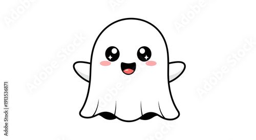 Adorable Kawaii Ghost Character with Big Eyes and Smiling Mouth