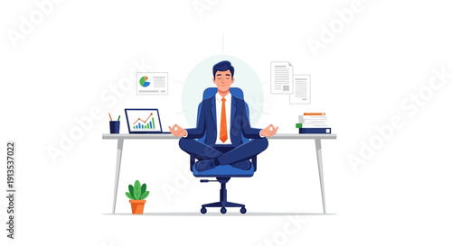 Businessman Meditating at Desk for Stress Relief and Mindfulness