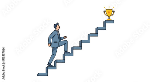 Businessman climbing stairs towards a golden trophy symbolizing success and achievement