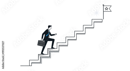 Businessman Climbing Stairs Towards a Star Flag Goal