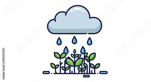 Cartoon cloud raining on growing green plants and seedlings