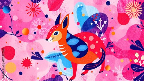 Animal fantasy print pink, orange and blue in circle form